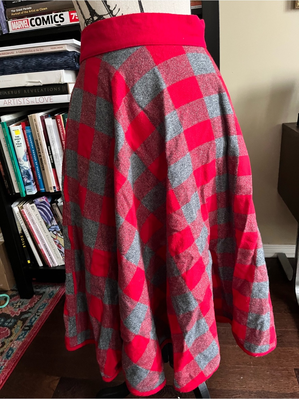 Heart of Haute Red and Gray Check A-Line Midi Skirt